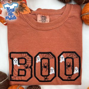 Boo-Text-Web-Spider-and-Ghosts-Pattern-Fall-Spooky-Season-Halloween-Embroidered-Shirt