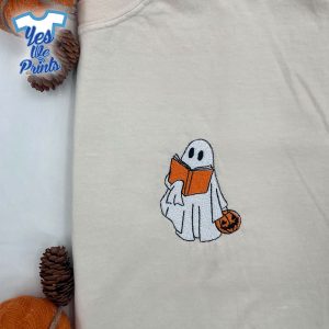 Ghost-Reading-Handing-Pumpkin-Candy-Bag-Fall-Spooky-Season-Halloween-Embroidered-Shirt