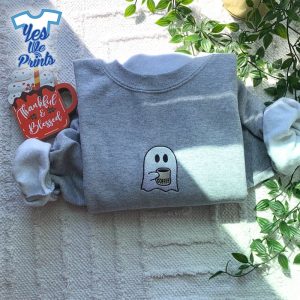Little-Ghost-with-Hot-Coffee-Funny-Halloween-Embroidered-Shirt-1