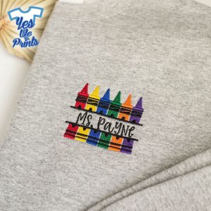 Custom-Teacher-Name-Colorful-Crayons-Personalized-Embroidered-Shirt-1
