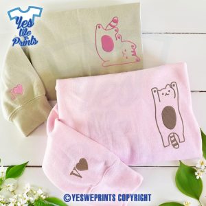 Custom-Initial-On-Sleeve-Silly-Cats-Valentine’s-Day-Couple-Matching-Personalized-Embroidered-Shirt