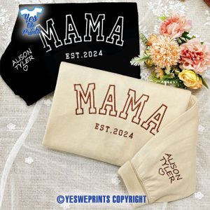 Custom-Embroidered-Mama-Sweatshirt,-Personalized-Mom-Shirt-With-Kid's-Name-on-Sleeve,-New-Mama-Pregnancy-Announcement-Mothers-Day-Gifts-1